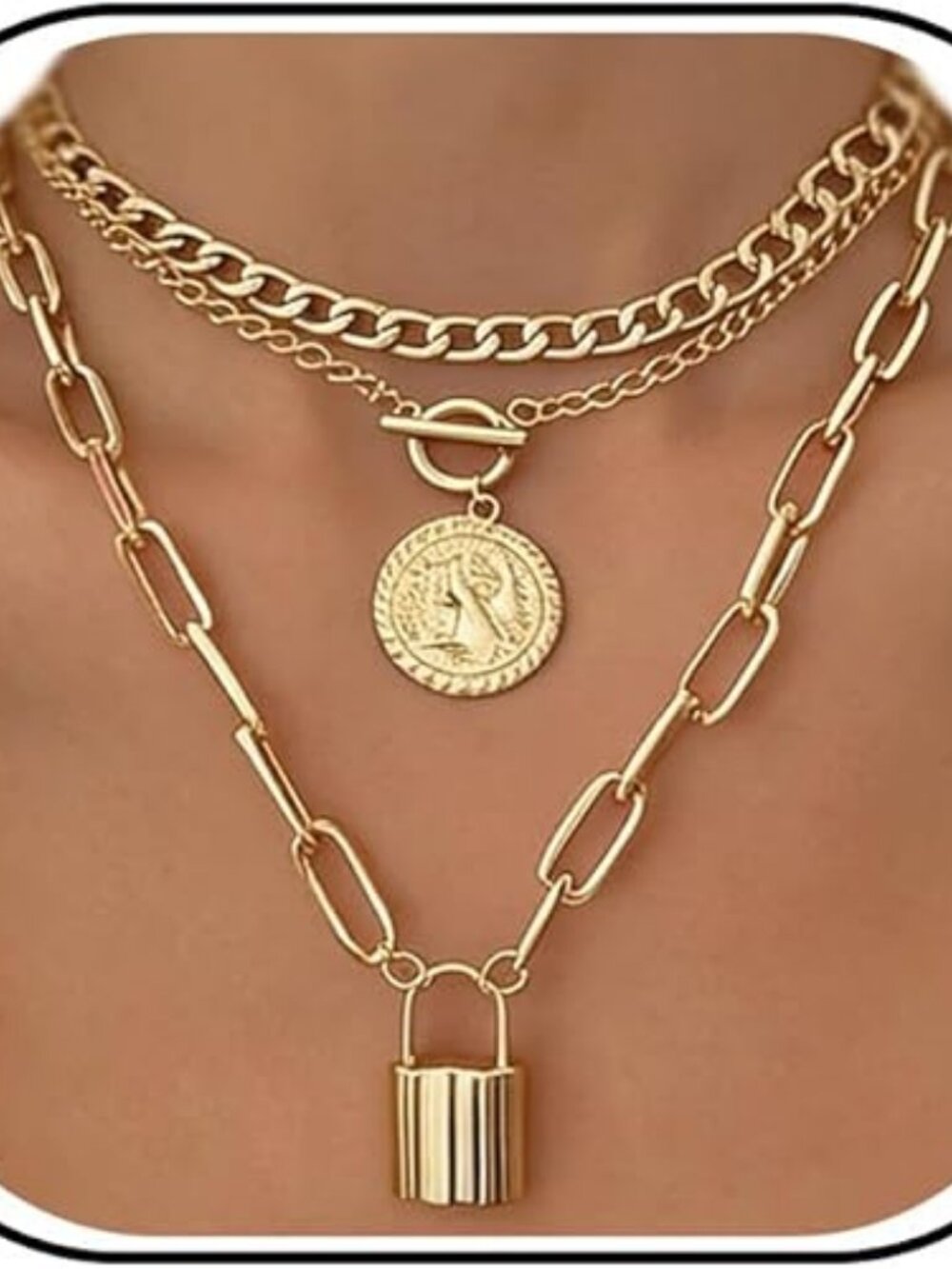 Vintage Gold Layered Necklace Set for Women | Chunky Cuban Link Paperclip Chain - Picture 6 of 6